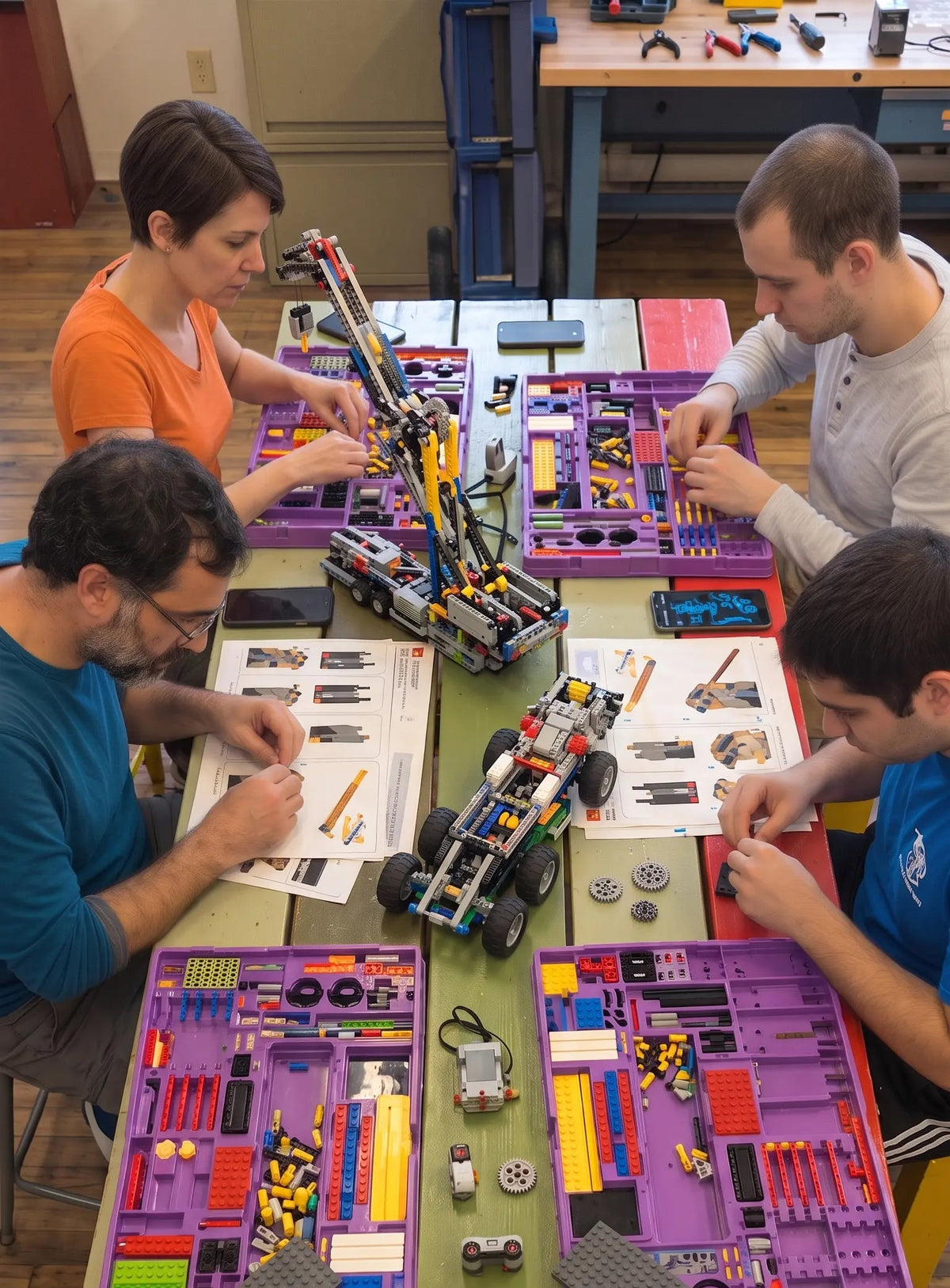 Four people sitting around a table building LEGO Technica robot cars and assembling parts in purple trays, with printed instructions on the table in a workshop setting.